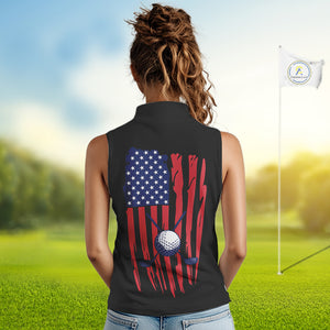 American Flag Golf Sleeveless polo shirts custom patriotic golf top for women, golfing gifts | Black NQS10016
