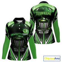 Load image into Gallery viewer, Black Women disc golf polo shirts custom green fire lightning team disc golf jersey, unique golf gift NQS10172
