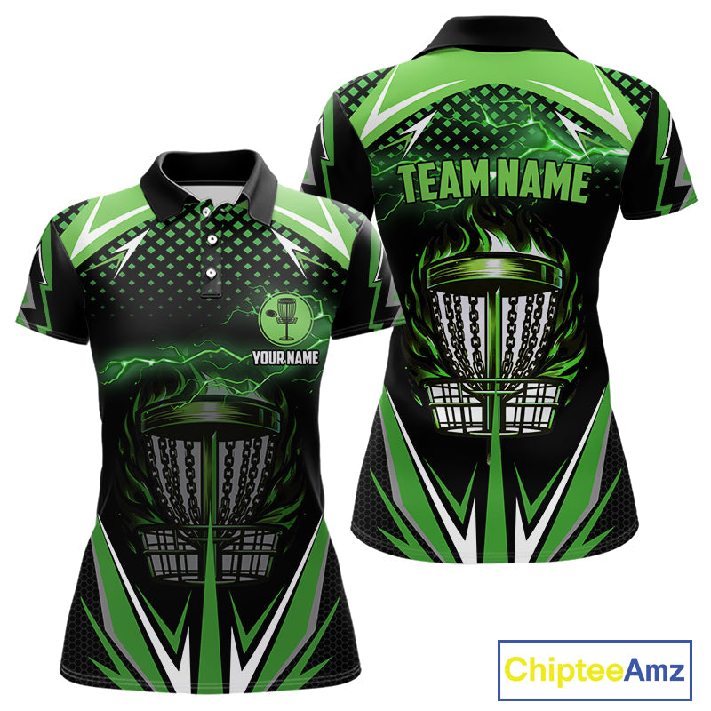 Black Women disc golf polo shirts custom green fire lightning team disc golf jersey, unique golf gift NQS10172