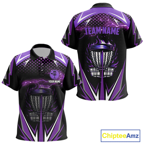 Black Kid disc golf polo shirts custom purple fire lightning team disc golf jersey, unique golf gift NQS10173