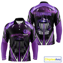 Load image into Gallery viewer, Black Mens disc golf polo shirts custom purple fire lightning team disc golf jersey, unique golf gift NQS10173
