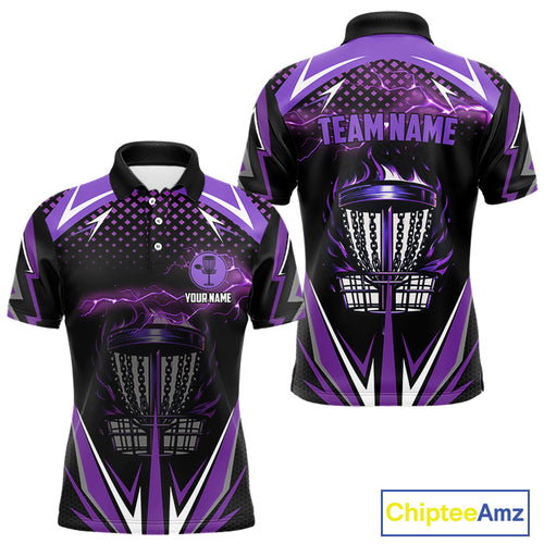 Black Mens disc golf polo shirts custom purple fire lightning team disc golf jersey, unique golf gift NQS10173
