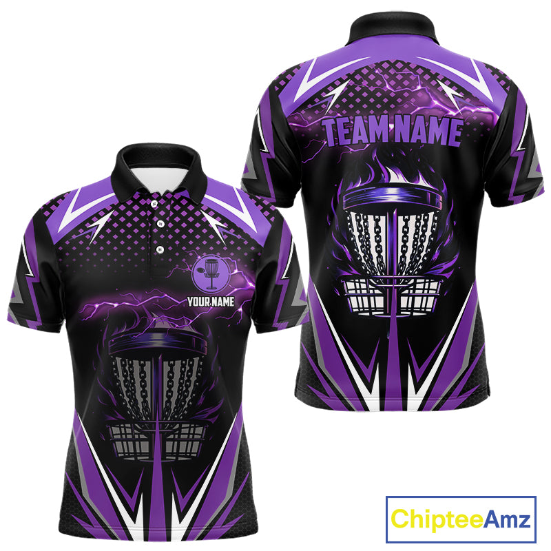 Black Mens disc golf polo shirts custom purple fire lightning team disc golf jersey, unique golf gift NQS10173