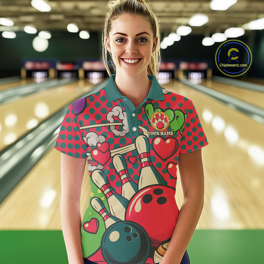 Colorful Bowling Polo, Quarter Zip shirts for Women Custom vintage retro bowling team league jerseys NQS10174