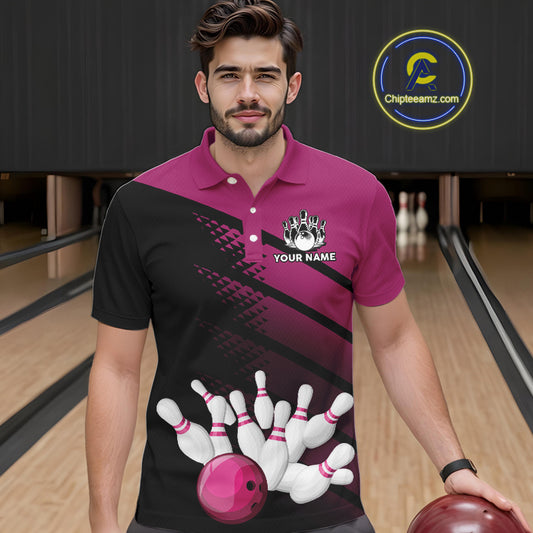 Black and Pink Bowling Polo, Quarter Zip shirts for Men Custom name bowling team league jerseys NQS10177