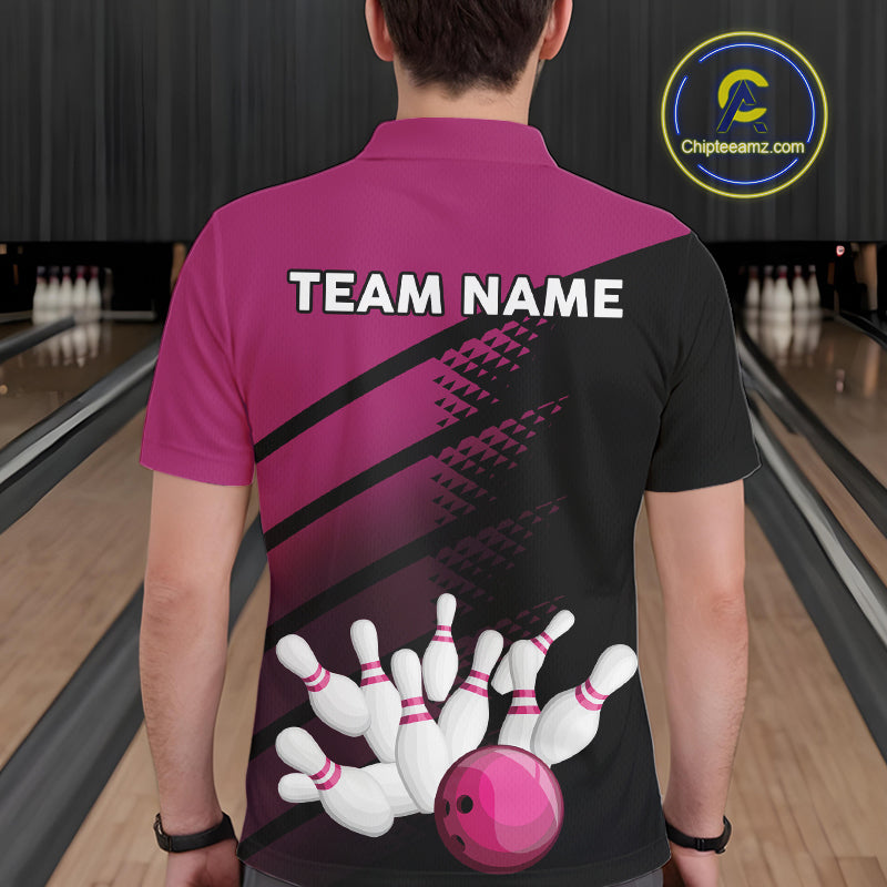 Black and Pink Bowling Polo, Quarter Zip shirts for Men Custom name bowling team league jerseys NQS10177