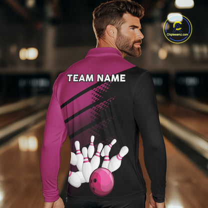 Black and Pink Bowling Polo, Quarter Zip shirts for Men Custom name bowling team league jerseys NQS10177