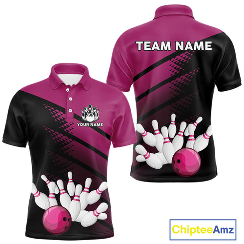 Black and Pink Bowling Polo, Quarter Zip shirts for Men Custom name bowling team league jerseys NQS10177