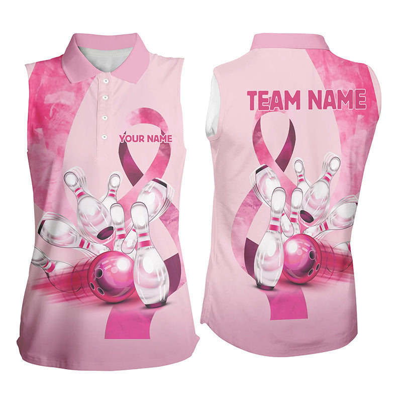 Pink ribbon Custom Sleeveless Polo Bowing Shirts, Breast Cancer Awareness team bowling jerseys NQS8124