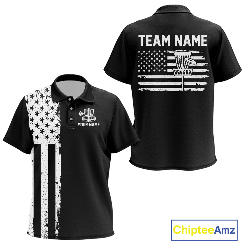 Black and White American Flag Kid Disc golf polo shirts Custom patriotic team disc golf jerseys NQS10017