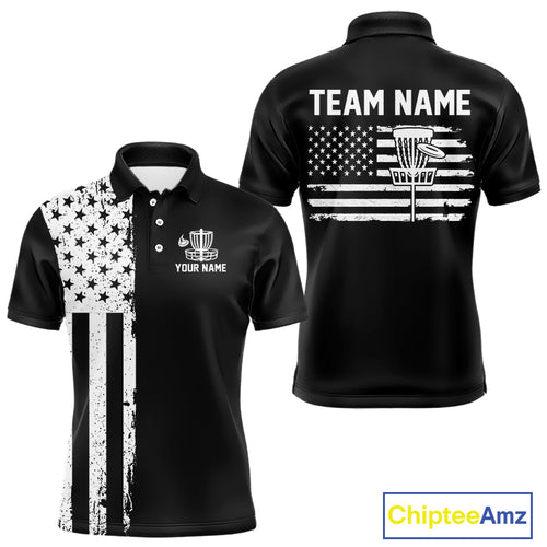 Black and White American Flag Mens Disc golf polo shirts Custom patriotic team disc golf jerseys NQS10017