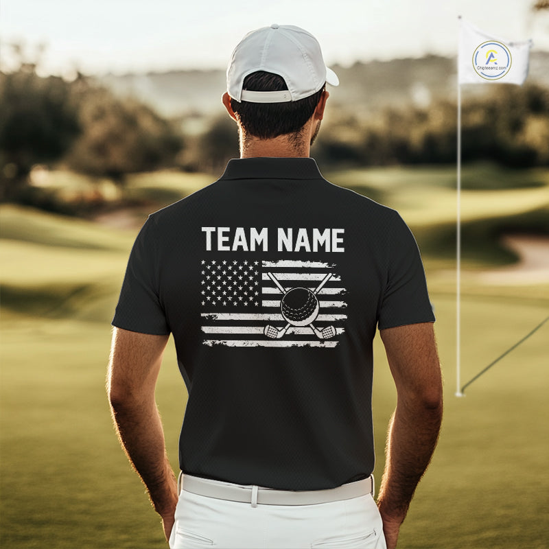 Black and White American Flag Mens golf polo shirts Custom name patriotic team golf uniform NQS10018
