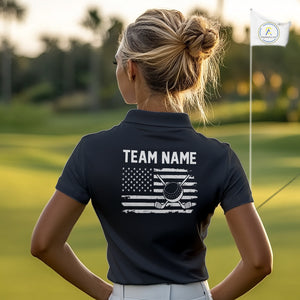 Black and White American Flag Women golf polo shirts Custom name patriotic team golf uniform NQS10018