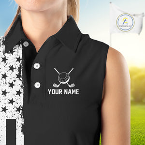 Black and White American Flag Women Sleeveless golf polo shirts Custom patriotic team golf uniform NQS10018