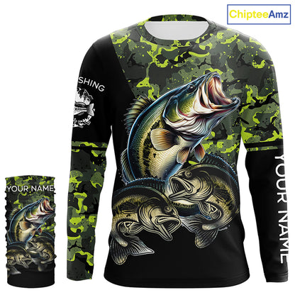 Bass fishing black green camo personalized custom sun protection long sleeve fishing shirts NQS3820