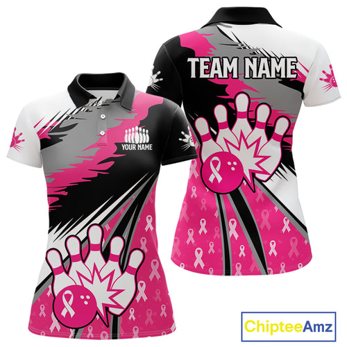 Women bowling shirts Custom pink ribbons pattern Bowling Team Jersey, Breast cancer shirt for Bowler NQS10515