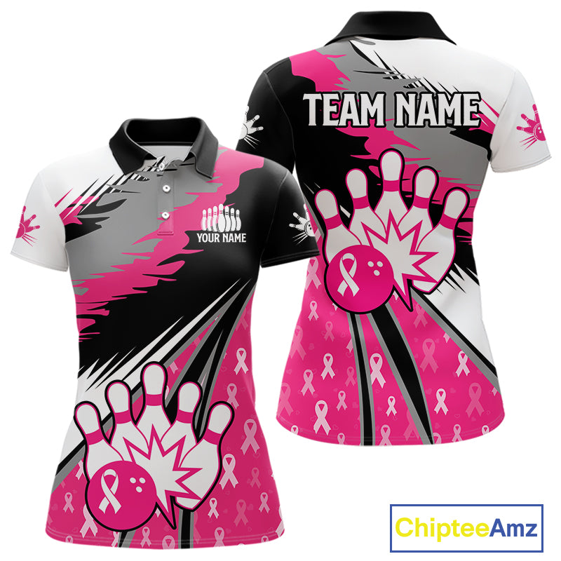 Women bowling shirts Custom pink ribbons pattern Bowling Team Jersey, Breast cancer shirt for Bowler NQS10515