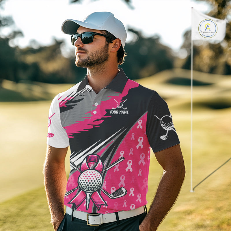 Mens golf polo shirt Custom pink ribbon pattern mens golf clothes, Breast cancer shirt for golfer NQS10516
