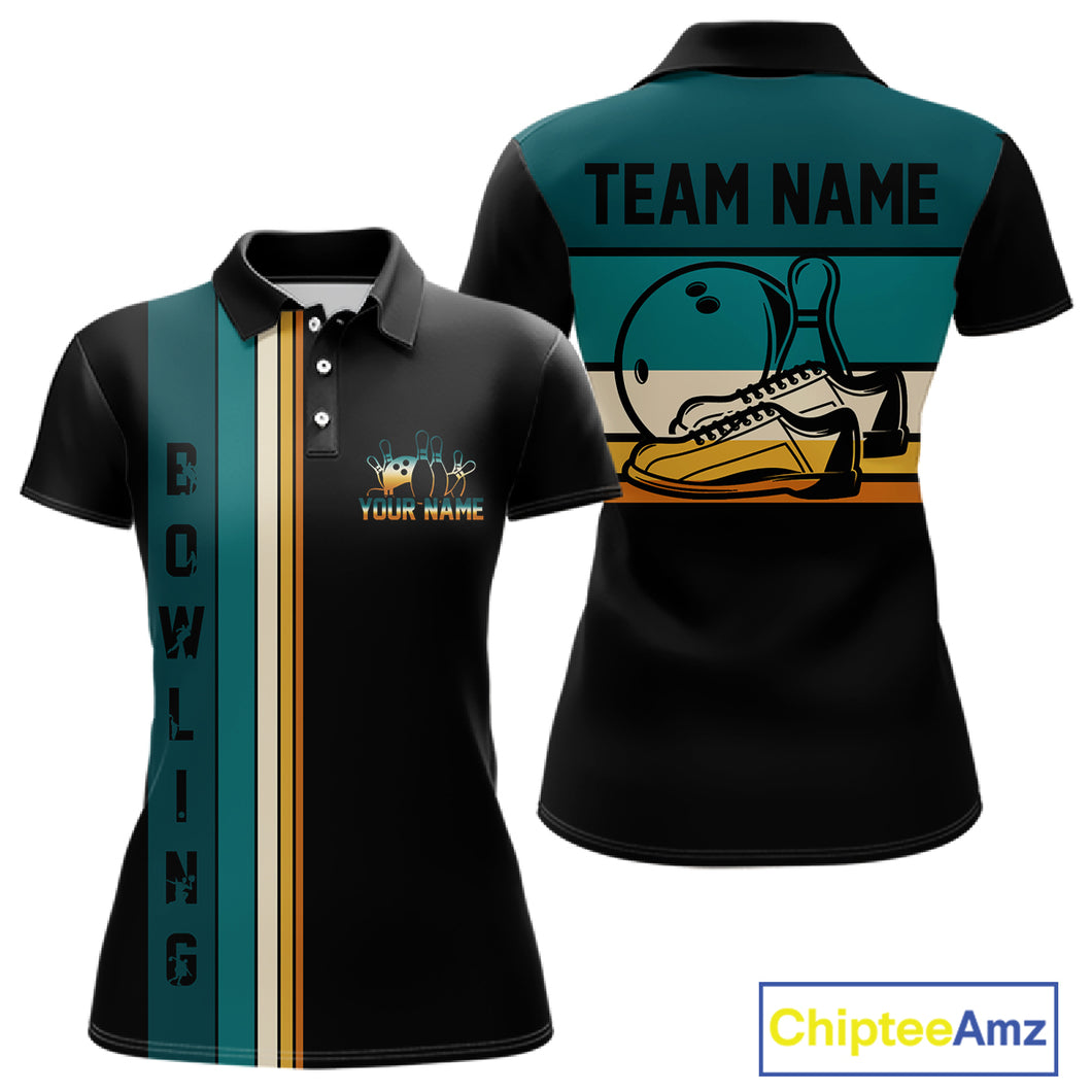 Black and Green Retro Bowling Polo, Quarter Zip Shirts for Women Custom Team Bowling League Jerseys NQS10744