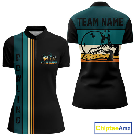 Black and Green Retro Bowling Polo, Quarter Zip Shirts for Women Custom Team Bowling League Jerseys NQS10744