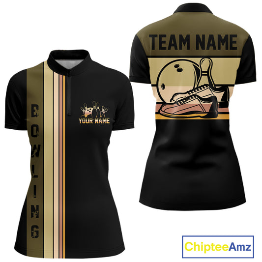 Black and Retro Bowling Polo, Quarter Zip Shirts for Women Custom Team Bowling League Jerseys NQS10745