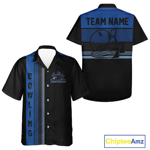 Black and Blue Retro Bowling Hawaiian Shirts Custom Team Bowling League Jerseys NQS10746