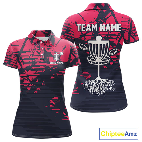 Pink and navy Camo Women Disc golf polo shirts Custom team disc golf apparel NQS10020