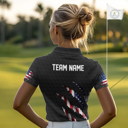Personalized American Flag Women golf polo shirt, Custom Patriotic Golf Team Shirts For ladies| Black NQS10178