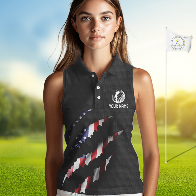 Personalized American Flag Women sleeveless polo shirt, Patriotic Golf Team Shirts For Ladies | Black NQS10178