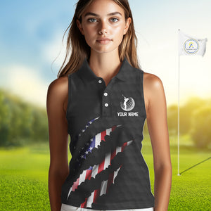Personalized American Flag Women sleeveless polo shirt, Patriotic Golf Team Shirts For Ladies | Black NQS10178