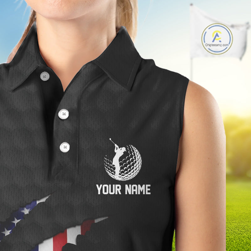 Personalized American Flag Women sleeveless polo shirt, Patriotic Golf Team Shirts For Ladies | Black NQS10178