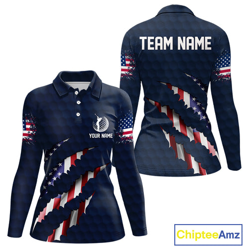 Personalized American Flag Women golf polo shirt, Patriotic Golf Team Shirts For ladies | Navy Blue NQS10179