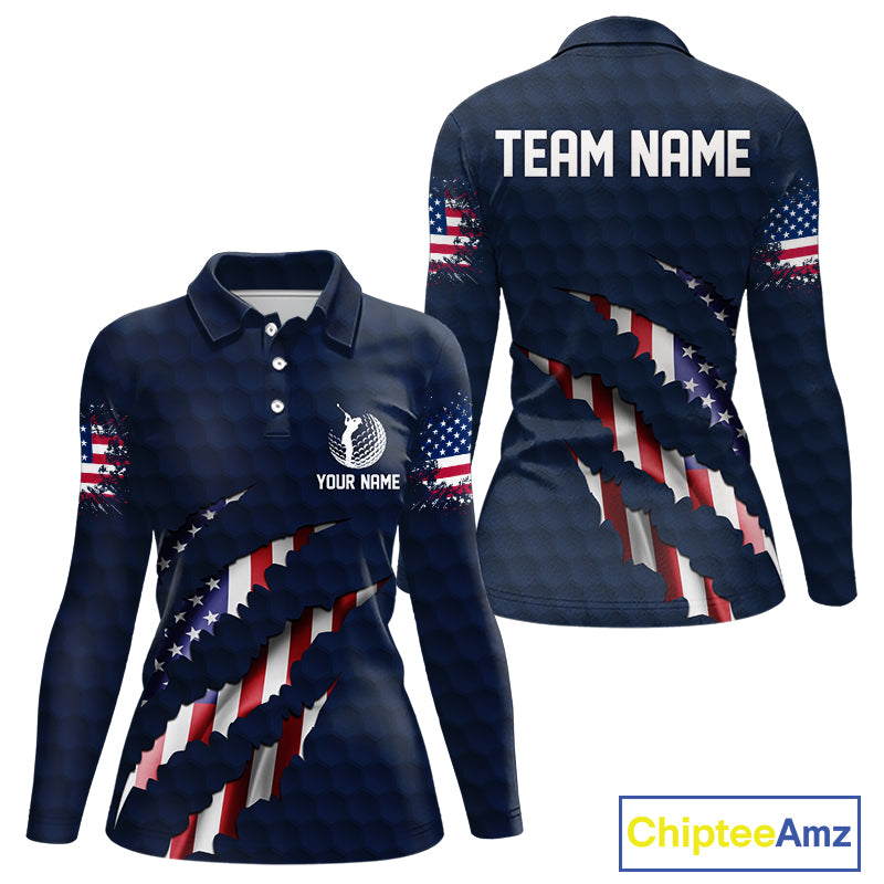 Personalized American Flag Women golf polo shirt, Patriotic Golf Team Shirts For ladies | Navy Blue NQS10179
