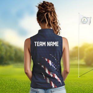 Personalized American Flag Women sleeveless polo shirt Patriotic Ladies Golf Team Shirt | Navy Blue NQS10179