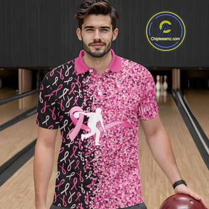 Pink glitter ribbon black Bowling Shirts For Men Custom Breast cancer bowling shirts gift for bowlers NQS10180