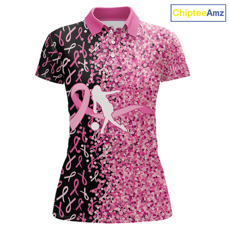 Pink glitter ribbon black Bowling Shirts For Women Custom Breast cancer bowling shirt gift for bowler NQS10180