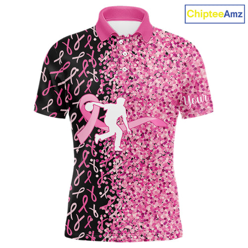 Pink glitter ribbon black Bowling Shirts For Men Custom Breast cancer bowling shirts gift for bowlers NQS10180