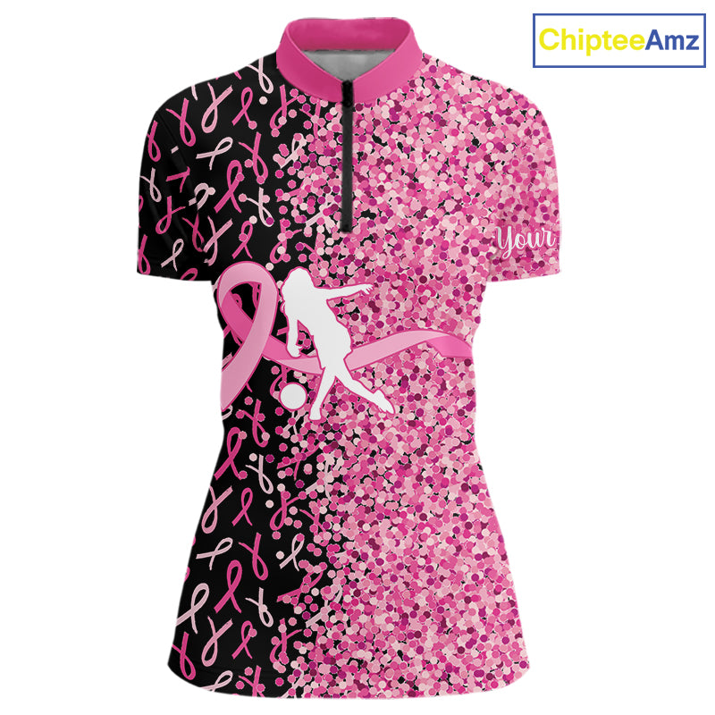 Pink glitter ribbon black Bowling Shirts For Women Custom Breast cancer bowling shirt gift for bowler NQS10180