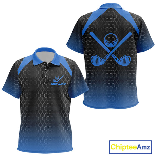 Kid golf polo shirts custom black and blue hexagon pattern golf outfits Kid, cool golf gifts NQS10317