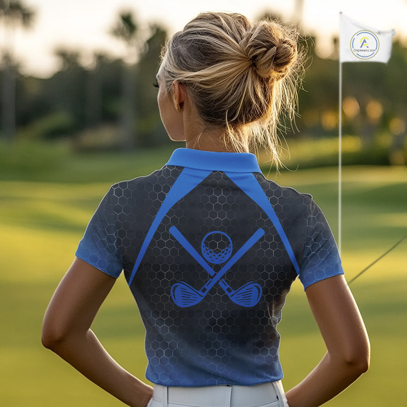Women golf polo shirts custom black and blue hexagon pattern golf outfits ladies, cool golf gifts NQS10317