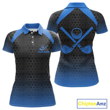 Load image into Gallery viewer, Women golf polo shirts custom black and blue hexagon pattern golf outfits ladies, cool golf gifts NQS10317