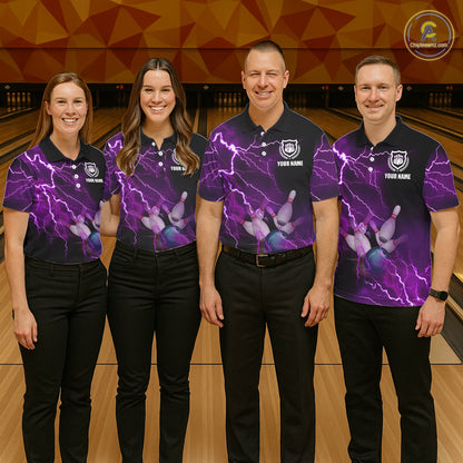 Mens polo bowling shirts Custom purple lightning thunder Bowling Team Jersey, gift for team Bowlers NQS6220