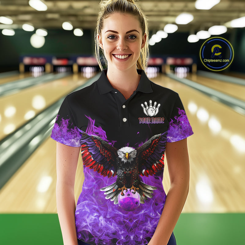 Purple Flame Smoke American Flag Eagle Skull Women Bowling Shirt Custom Patriotic Bowling Team Jersey NQS10525