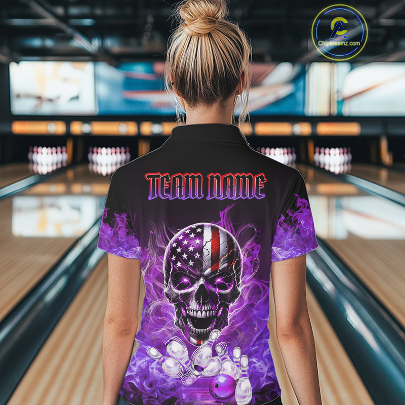 Purple Flame Smoke American Flag Eagle Skull Women Bowling Shirt Custom Patriotic Bowling Team Jersey NQS10525