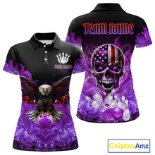 Load image into Gallery viewer, Purple Flame Smoke American Flag Eagle Skull Women Bowling Shirt Custom Patriotic Bowling Team Jersey NQS10525