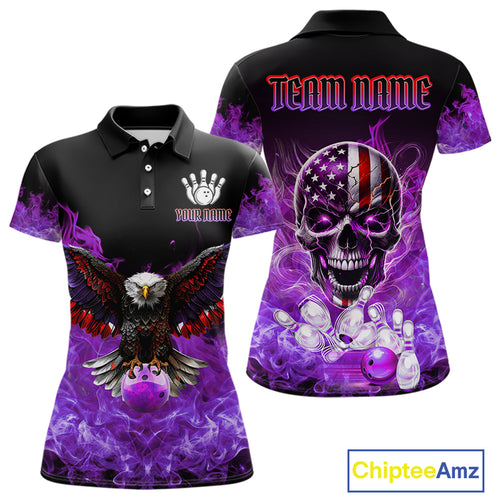 Purple Flame Smoke American Flag Eagle Skull Women Bowling Shirt Custom Patriotic Bowling Team Jersey NQS10525
