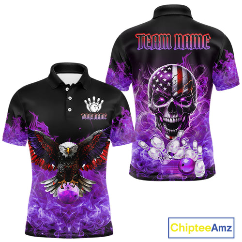 Purple Flame Smoke American Flag Eagle Skull Mens Bowling Shirts Custom Patriotic Bowling Team Jersey NQS10525
