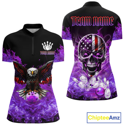 Purple Flame Smoke American Flag Eagle Skull Women Bowling Shirt Custom Patriotic Bowling Team Jersey NQS10525