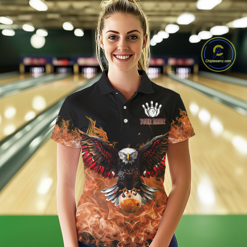 Orange Flame Smoke American Flag Eagle Skull Women Bowling Shirt Custom Patriotic Bowling Team Jersey NQS10526