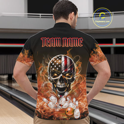 Orange Flame Smoke American Flag Eagle Skull Mens Bowling Shirts Custom Patriotic Bowling Team Jersey NQS10526
